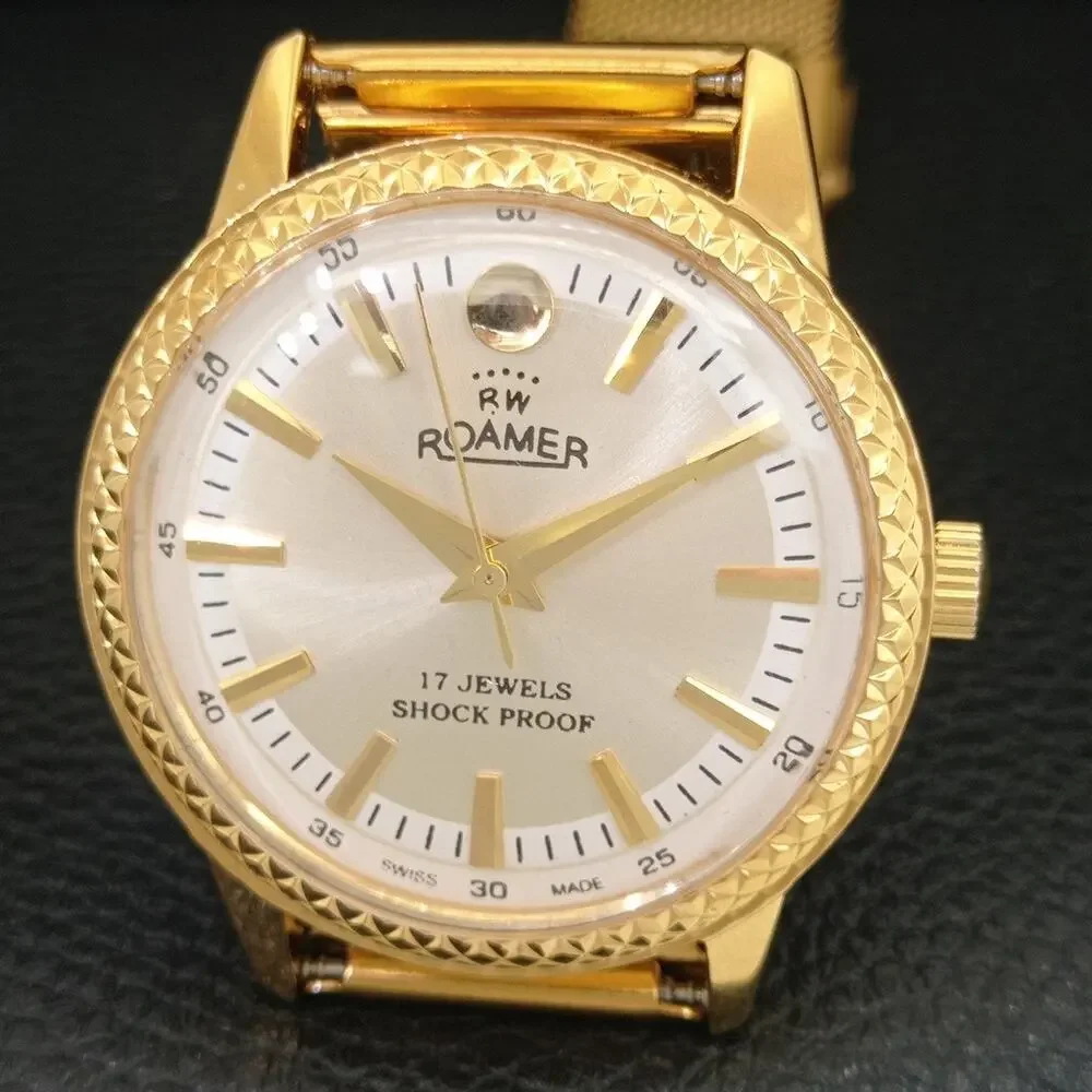 Vintage 1973 Roamer Manual Mens Gold Watch W/Metal Strap & Silver accents